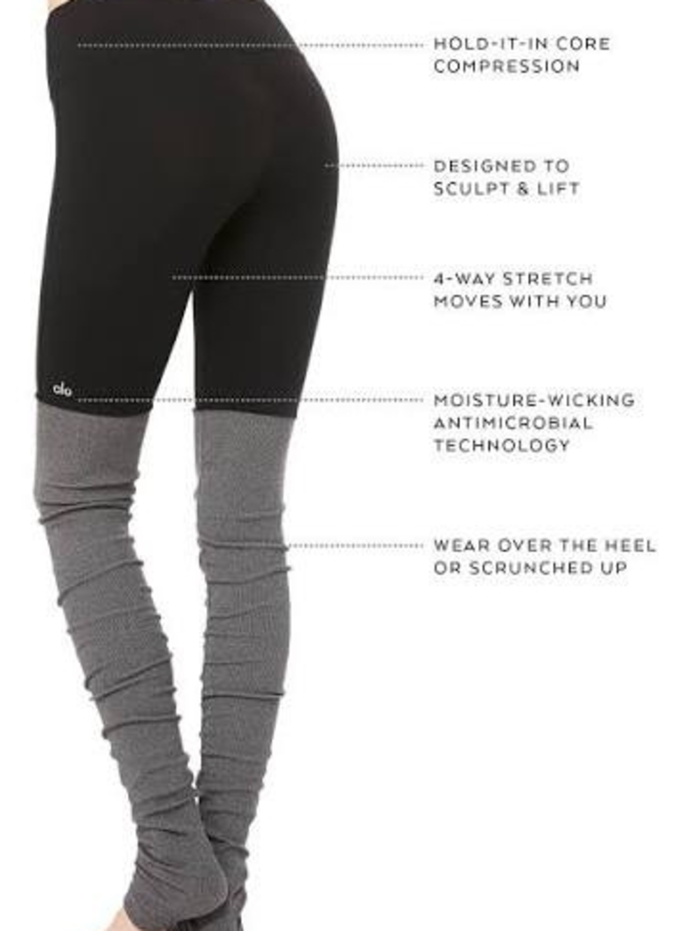 ALO Yoga Black Leggings with Gray Textured Lower Panels - Picture 3 of 6